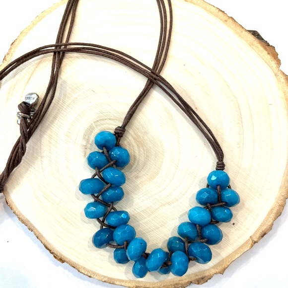 Teal beaded necklace on brown cord, made by Fossil - Picture 2 of 6